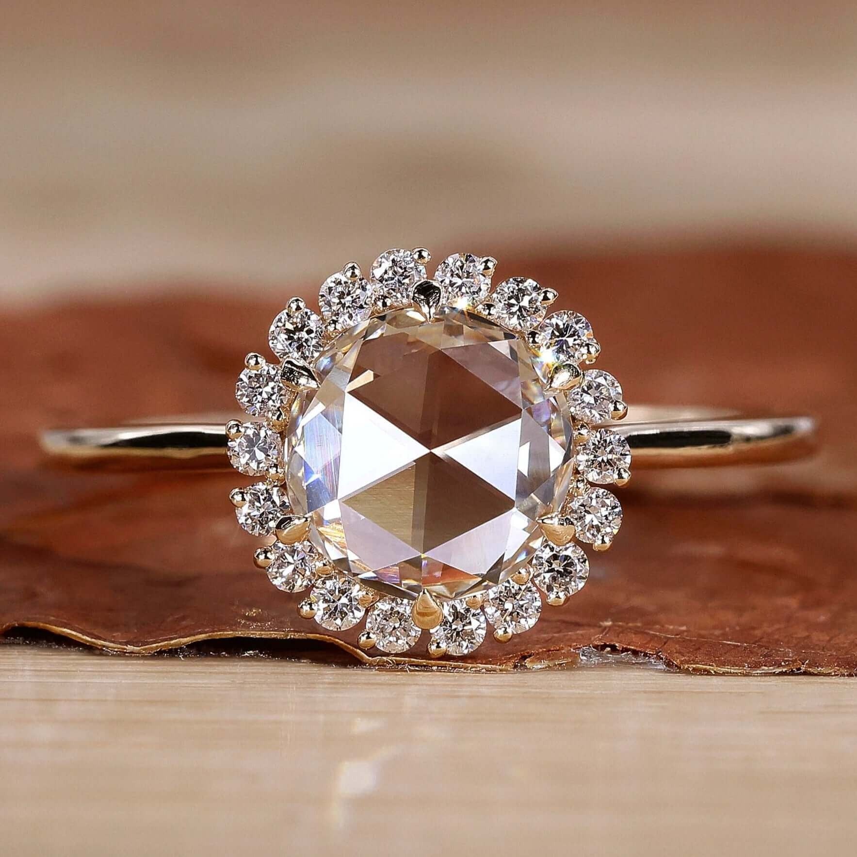 Round Rose Cut Lab Grown White Color Diamond Halo Engagement Gold Ring Shree Diamond Mfg